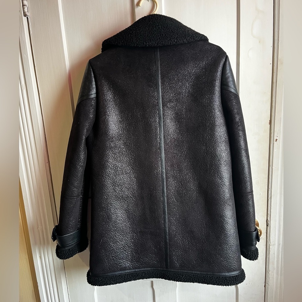 Guess Black Faux Leather Shearling Aviator Jacket Size M- Moto Biker Style - Picture 4 of 6